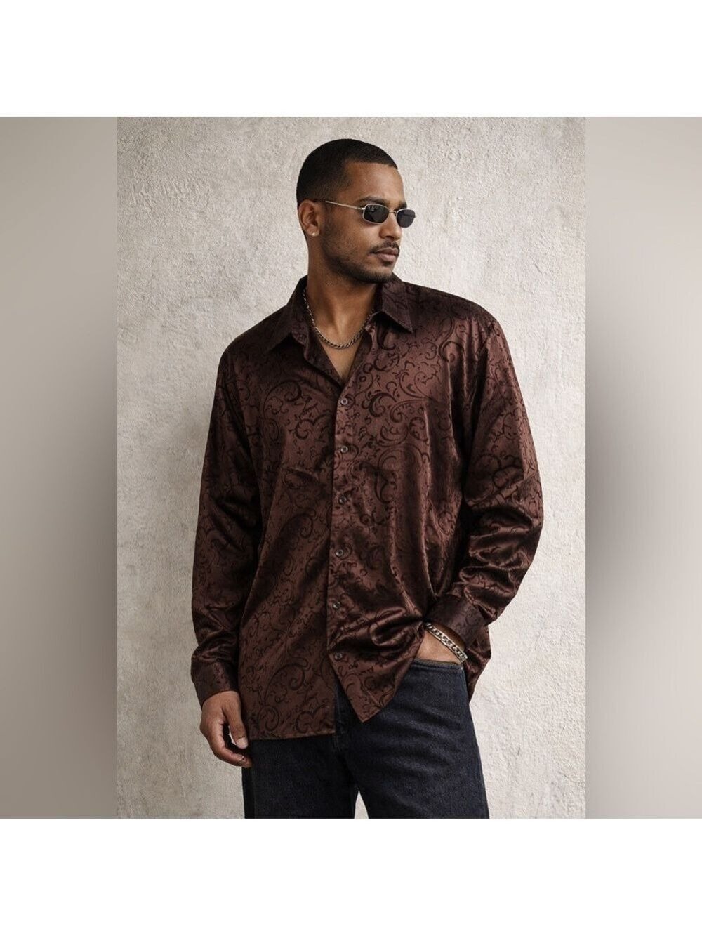 Pronti Collection Brown Satin Burnout Paisley Button Up Shirt Men’s 3XL Y2K